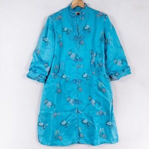 Vintage Peony Brand Robe Womens One Size Turquoise Blue Floral Satin Button Up